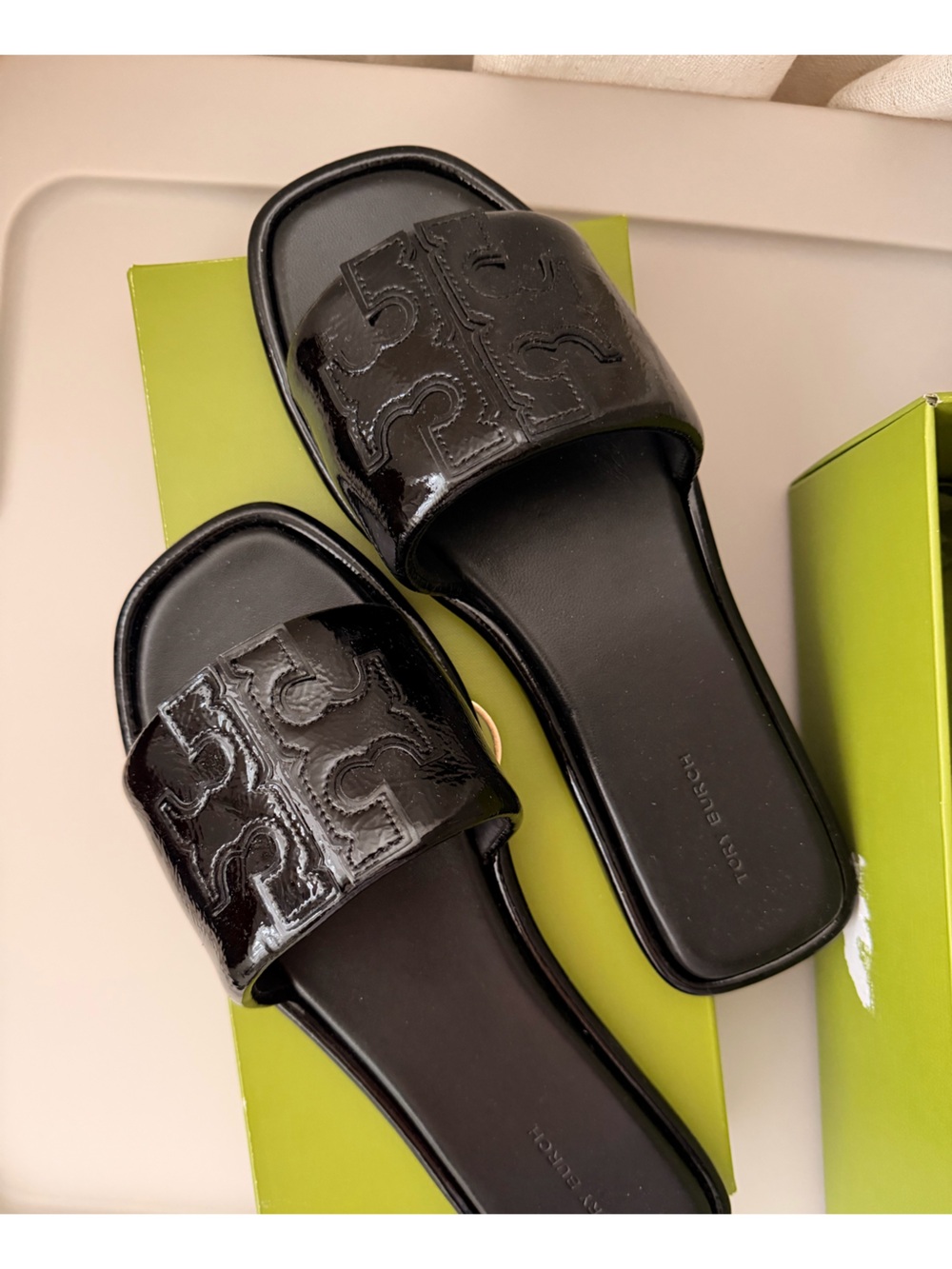 Tory Burch Black Patent Slide Sandals with Logo Cutout